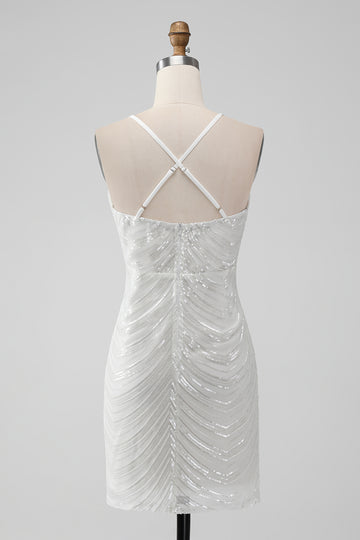 White Sequins Bodycon Short Homecoming Dress with Criss Cross Back