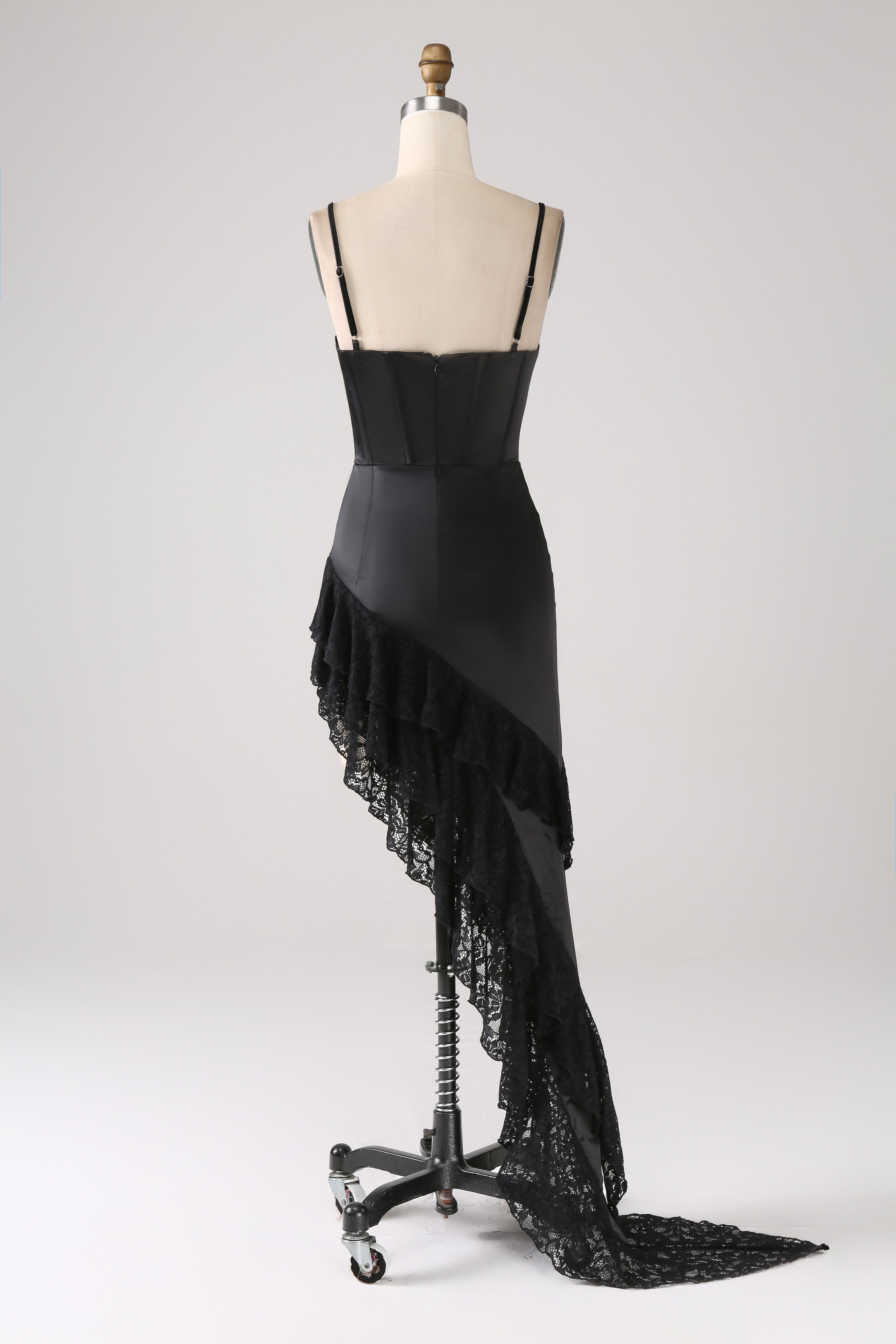 Asymmetrical Black Spaghetti Straps Prom Dress with Ruffles