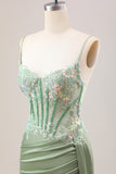 Stylish Lilac Mermaid Pleated Sequin Corset Long Prom Dress With Slit