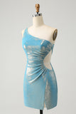Blue Bodycon One Shoulder Satin Short Homecoming Dress with Slit