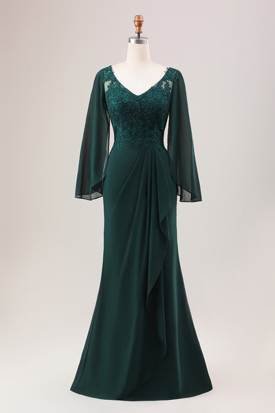 ZAPAKA Women Glitter Dark Green Mermaid Mother of Bride Dress with Appliques V Neck Long Sleeves Beaded Long Formal Dress, Dark Green / US16 ZAPAKA Women Glitter Dark Green Mermaid Mother of Bride Dress with Appliques V Neck Long Sleeves Beaded Long Formal Dress, Dark Green / US16