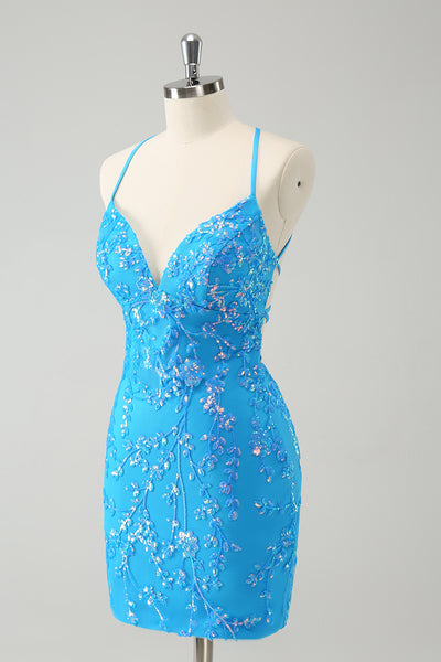Zapaka Women Sparkly Sky Blue Homecoming Dress with Lace-Up Back Tight Short  Cocktail Dress with Sequins  ZAPAKA