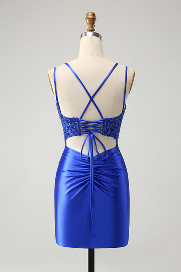 Royal Blue Corset Spaghetti Straps Tight Homecoming Dress