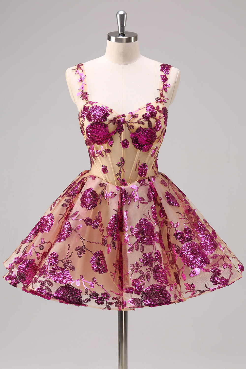 White A-Line Corset Short Floral Homecoming Dress with Sequins