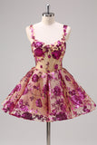White A-Line Corset Short Floral Homecoming Dress with Sequins