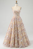 Luxurious A Line Sweetheart Champagne Corset Prom Dress with Appliques