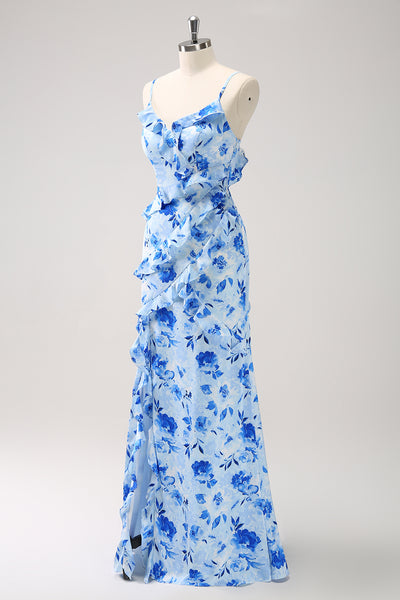 Zapaka Women Blue Ruffled Floral Bridesmaid Dress with Slit Spaghetti Straps Lace Up Wedding Guest Dress, Blue / US4