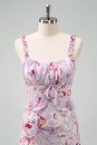 Grey Purple Floral Spaghetti Straps Long Bridesmaid Dress