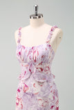 Grey Purple Floral Spaghetti Straps Long Bridesmaid Dress