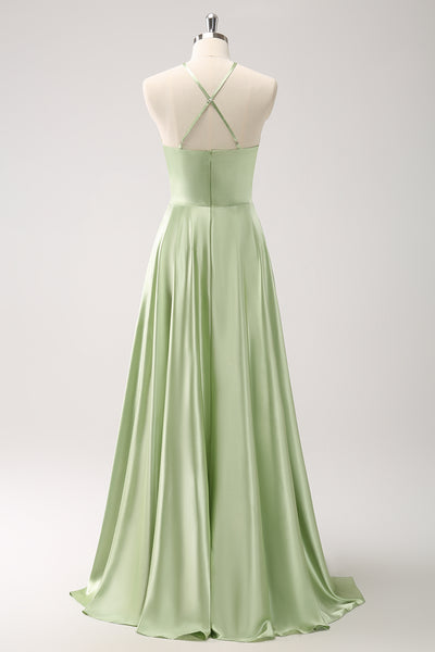 Zapaka Women Light Green Bridesmaid Dress Halter Satin A-Line Cut Out Wedding Party Dress, Light Green / US8