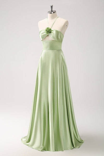 Zapaka Women Light Green Bridesmaid Dress Halter Satin A