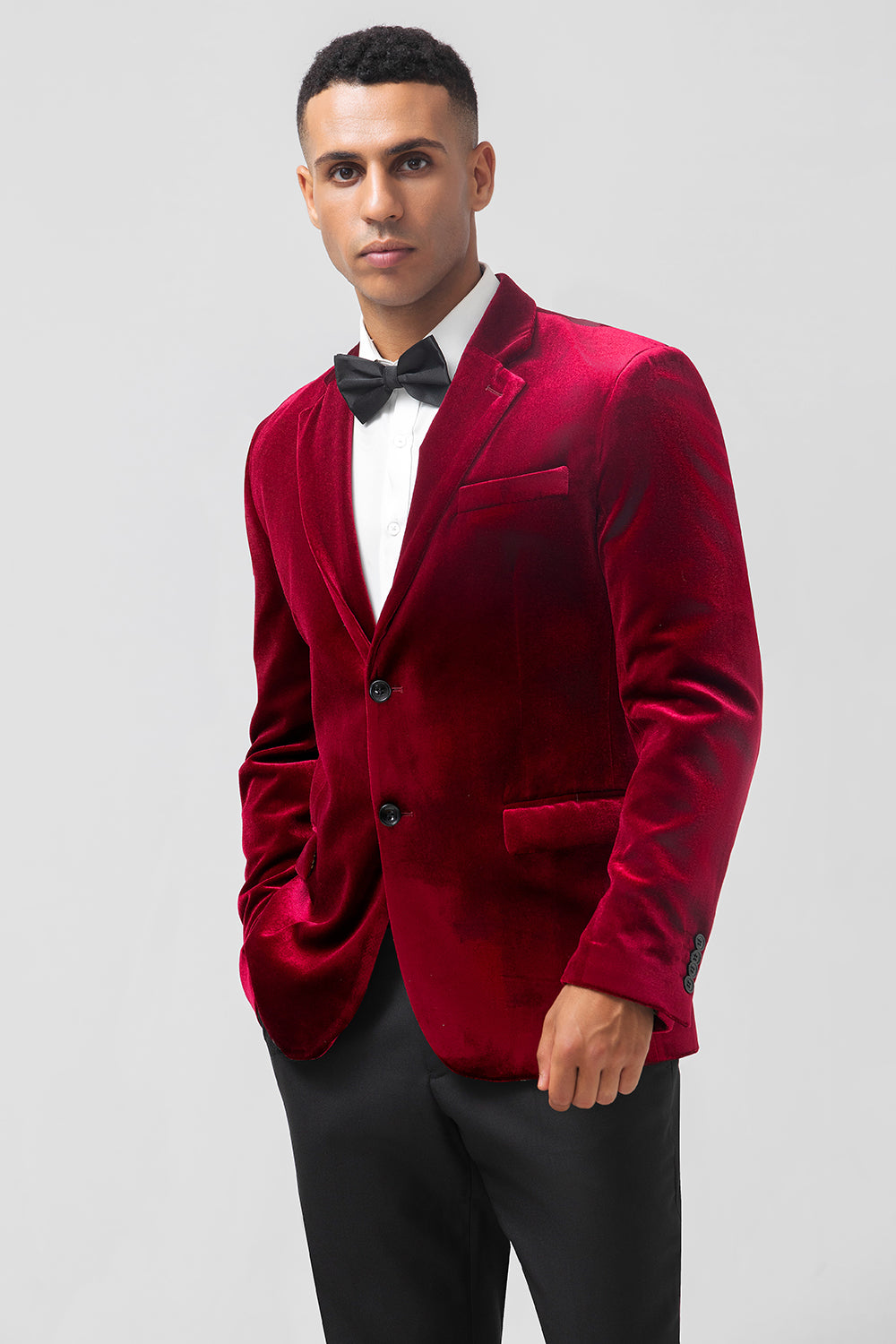 Burgundy Notched Lapel Velvet Single Breasted Men's Blazer
