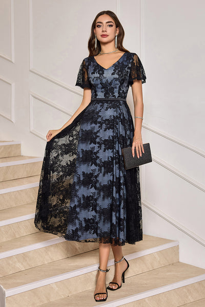 Zapaka Women Black Cocktail Dress A-Line V-Neck Party Dress Lace Tea-Length Dress with Short Sleeves, Black / US20W Zapaka Women Black Cocktail Dress A-Line V-Neck Party Dress Lace Tea-Length Dress with Short Sleeves, Black / US20W
