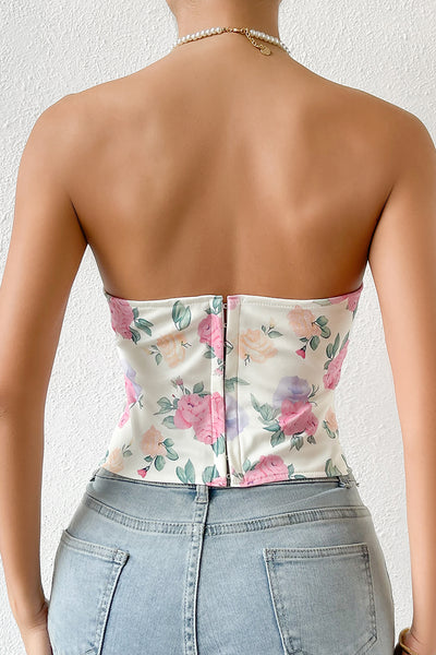 Zapaka Women Pink Flower Printed Strapless Corset Top – ZAPAKA