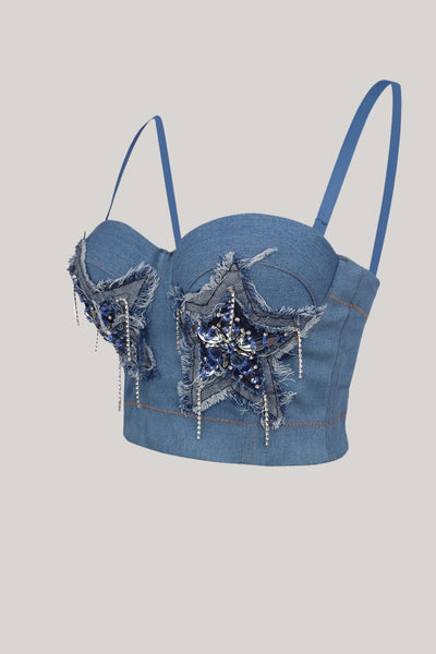 Zapaka Women Sparkly Blue Jeans Corset Top With Stars – ZAPAKA