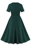 Dark Green Ruffled Short Sleeves 1950s Dress