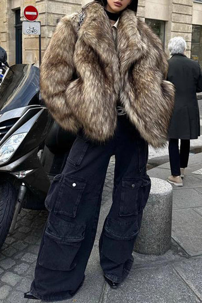 Zapaka Women Brown Fluffy Faux Fur Long Sleeve Open Front Short