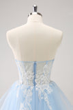 Blue A Line Spaghetti Straps Short Homecoming Dress with Appliques