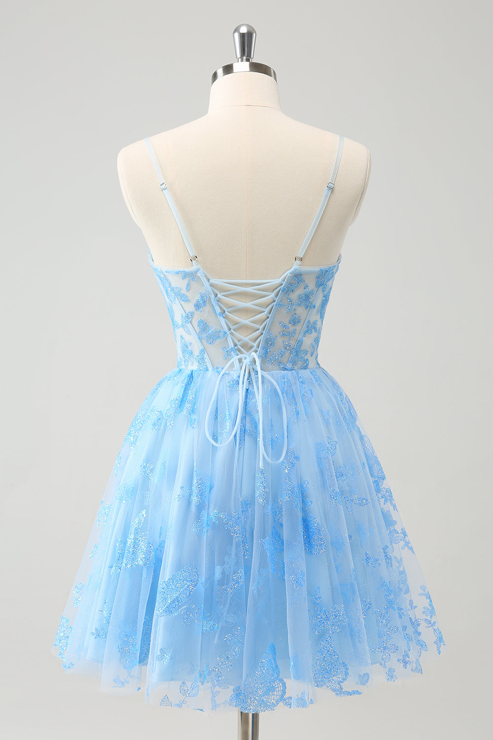 Blue A Line Spaghetti Straps Corset Glow In The Dark Homecoming Dress