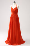 Orange A-Line Halter Ruched Long Bridesmaid Dress