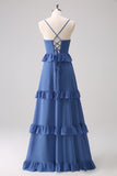 Dark Blue Spaghetti Straps Tiered A-Line Bridesmaid Dress