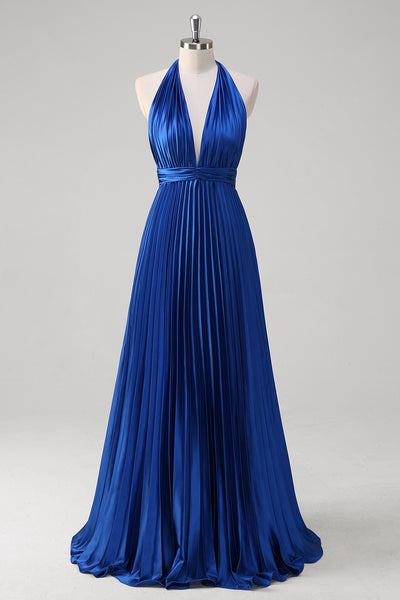 Zapaka Women Royal Blue Prom Dress A Line Halter V Neck Pleated Long Party Dress with Backless, Satin Color / US6 Zapaka Women Royal Blue Prom Dress A Line Halter V Neck Pleated Long Party Dress with Backless, Satin Color / US6