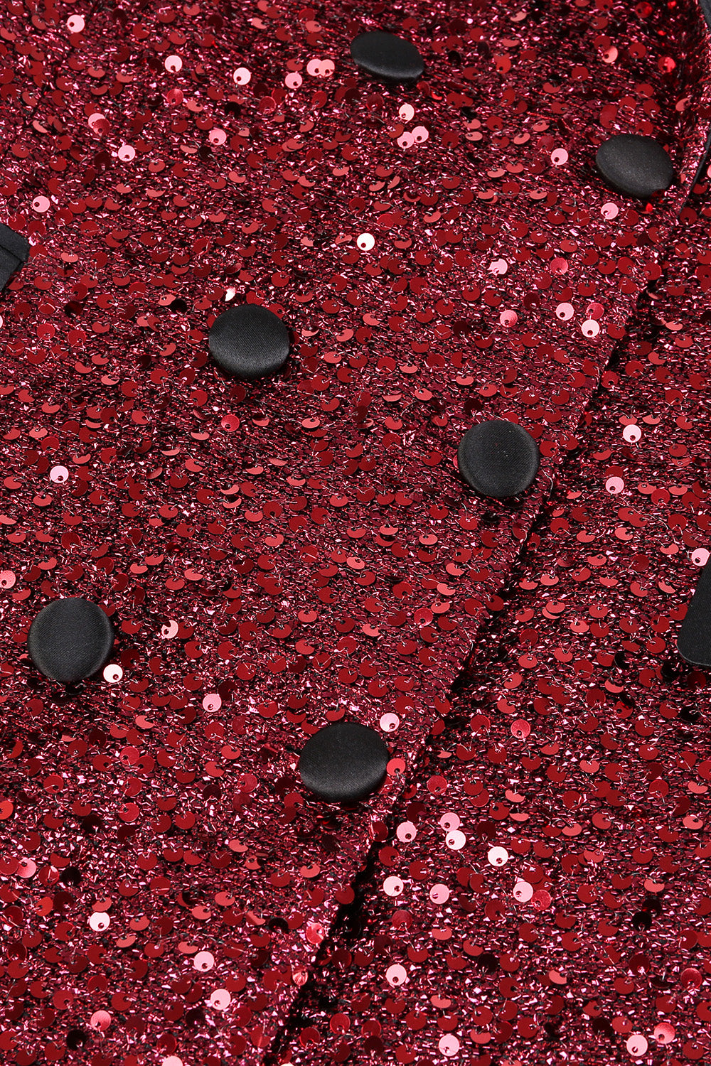 Sparkly Burgundy Bodycon Maxi Women's Blazer with Sequins