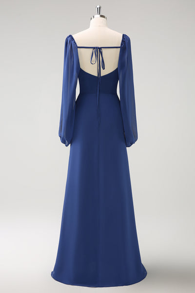 Zapaka Women Dark Blue Bridesmaid Dress Square Neck Chiffon Long Sleeves Sheath Long Wedding Guest Dress with Slit, Chiffon Color / US8