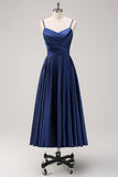 Navy A-Line Ruched Spaghetti Straps Tea Length Bridesmaid Dress
