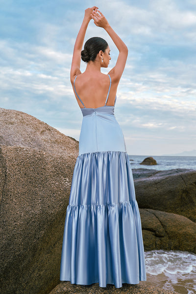 Zapaka Women Sky Blue Bridesmaid Dress Spaghetti Straps Satin A