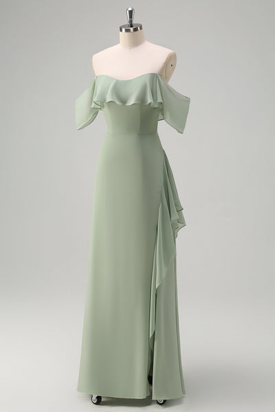 slim fit dress slacks Zapaka Women Light Green Chiffon Bridesmaid Dress Mermaid Off The Shoulder Ruffles Long Wedding Party Dress with Slit, Light Green / US10