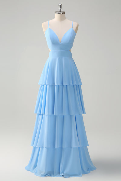 Zapaka Women Chiffon Sky Blue Bridesmaid Dress A Line V-Neck Spaghetti Straps Tiered Ruffled Wedding Guest Dress ZAPAKA Zapaka Women Chiffon Sky Blue Bridesmaid Dress A Line V-Neck Spaghetti Straps Tiered Ruffled Wedding Guest Dress ZAPAKA