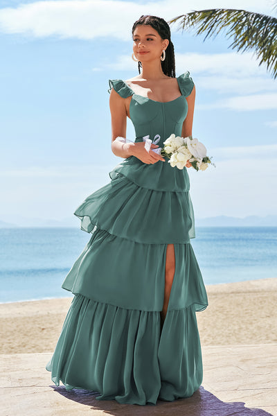 Zapaka Women Eucalyptus Bridesmaid Dress with Ruffle Slit A-Line Corset Tiered Long Wedding Party Dress, chiffon color / US26W
