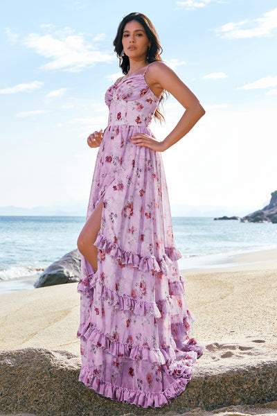 Zapaka Women Grey Purple Floral Bridesmaid Dress with Slit A-Line