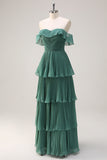 Eucalyptus A Line Off the Shoulder Tiered Pleated Long Bridesmaid Dress with Slit