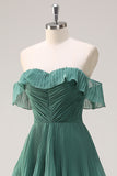 Eucalyptus A Line Off the Shoulder Tiered Pleated Long Bridesmaid Dress with Slit
