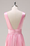 Pink A Line V Neck Chiffon Open Back Pleated Long Bridesmaid Dress