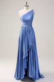 Blue A Line One Shoulder Pleated Long Bridesmaid Dress with Ruffle Slit