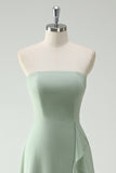 A Line Strapless Dusty Sage Long Bridesmaid Dress with Ruffles Slit
