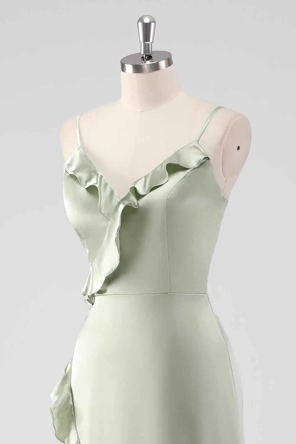 Sage Long Satin V Neck Ruffled Sheath Bridesmaid Dress