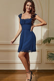 Navy Laced Square Neck A-Line Short Party Dress