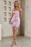 Sparkly Pink Tight Sequin Spaghetti Straps Short Party Dress with Tassels