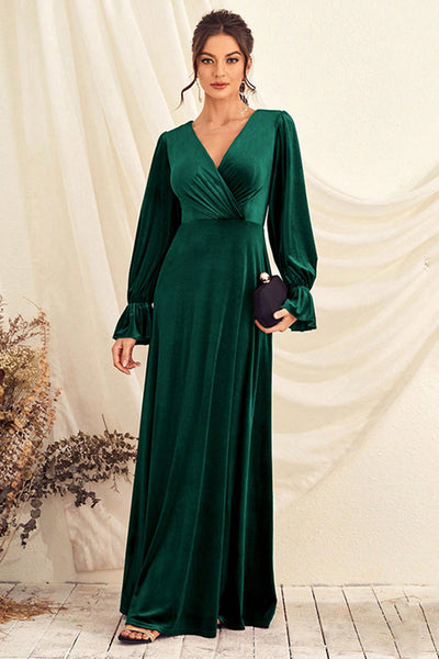 Zapaka Women Dark Green Prom Dress A-Line Long Wrap Long Sleeves Velvet Evening Dress, Dark Green / L