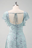 Grey Green Square Neck Printed Flower Bridesmaid Dress with Slit