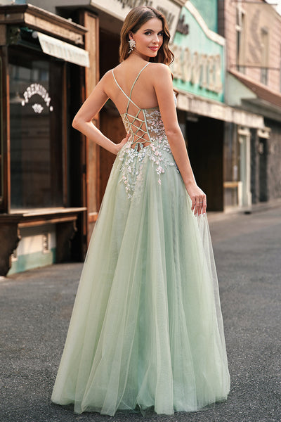 sage green dress tulle Sage Green Tulle Floral Lace A-Line Prom Dress with Slit  jkprom