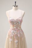 Sparkly Tulle Champagne A-Line Floral Sequin Prom Dress with Appliques