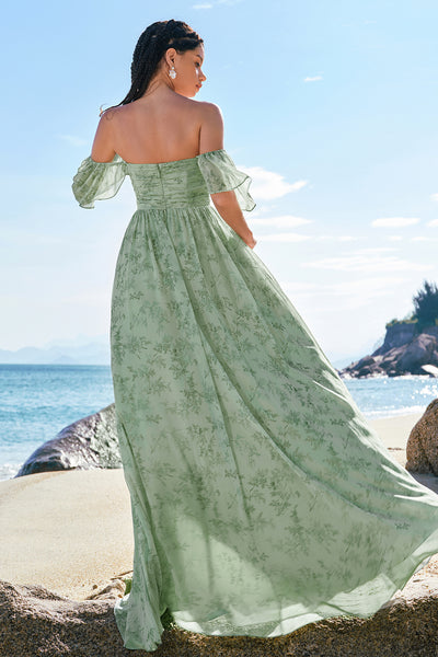off shoulder dress with floral embellishment in frosted sage Zapaka Women Dusty Sage Prom Dress with Slit A Line Off the Shoulder Print Long Wedding Party dress, Dusty Sage / US8