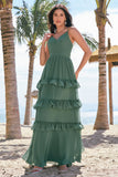 Eucalyptus A-Line Chiffon Tiered Long Bridesmaid Dress