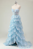 Glitter Blue A Line Strapless Sequin Corset Tiered Long Prom Dress