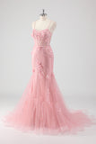 Blue Mermaid Spaghetti Straps Tulle Long Corset Prom Dress with 3D Flowers